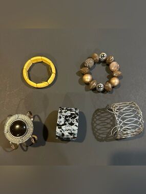 Mixed Metal & Resin Cuff Bracelet Set - Black, Yellow, Silver, Brown